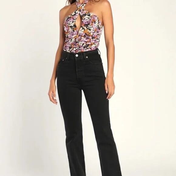 Lulu's Women's Blossoming Perfection Floral Mesh Cutout Halter Bodysuit Medium - Picture 3 of 13